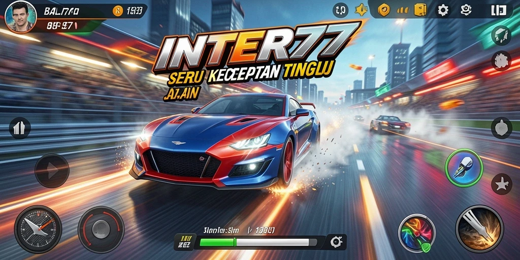 Screenshot INTER77 menampilkan aksi balap yang mendebarkan dan mobil yang berkilauan.