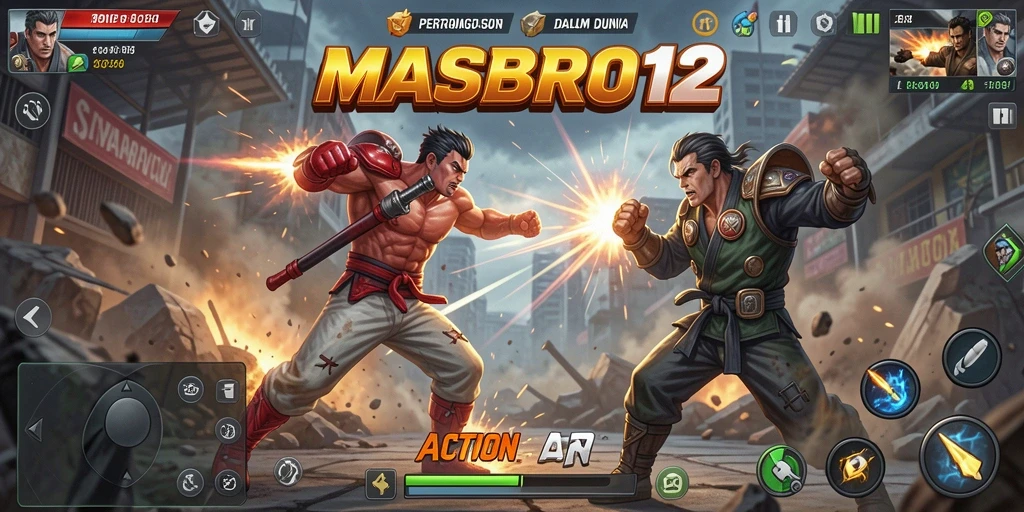 Tampilan gameplay intens dari MASBRO12 dengan aksi seru dan karakter beragam.