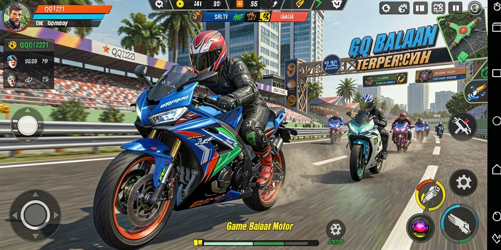 Tampilan gameplay seru di QQ1221 dengan balapan motor yang mendebarkan.
