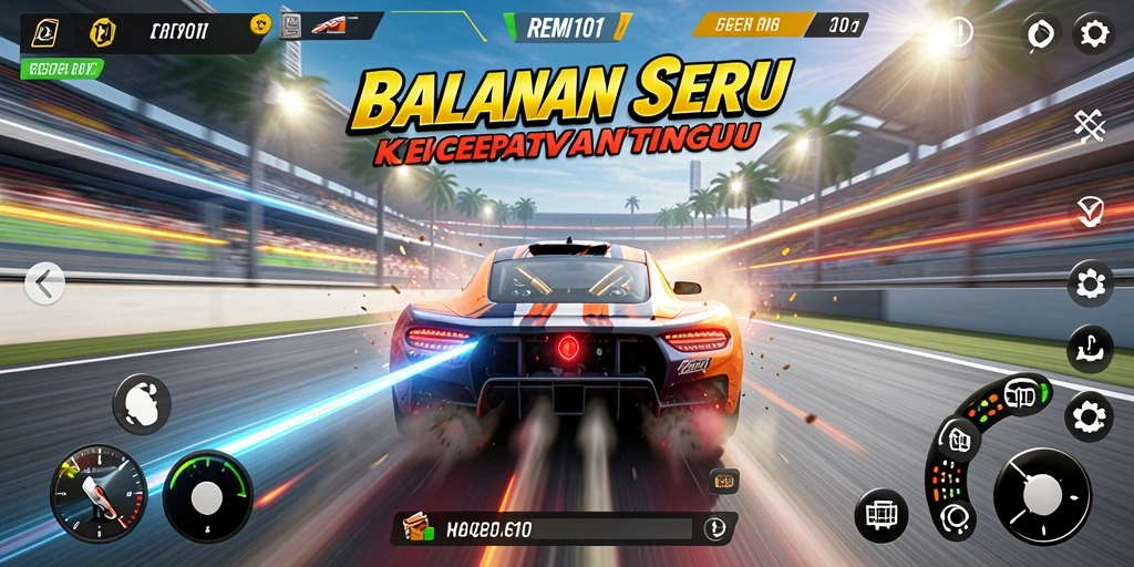 Tampilan gameplay seru dalam balapan REMI101 dengan kendaraan cepat dan trek menantang.