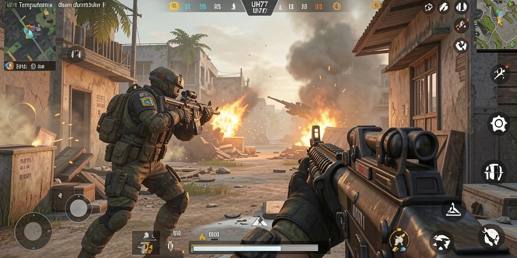 Screenshot UH77 menampilkan aksi seru dalam pertempuran FPS.